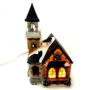 Christmas Holiday Village Lighted Church with Bell Porcelain Hand Painted Decor